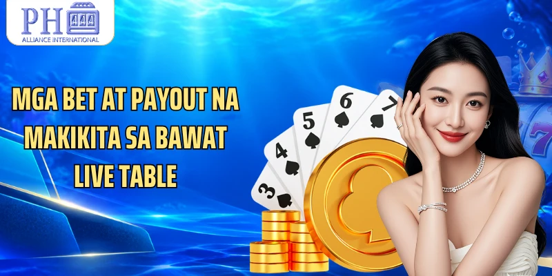 Mga bet at payout na makikita sa bawat live table
